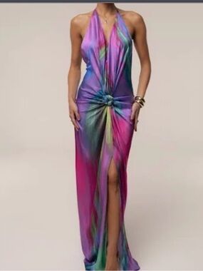 JLUXLABEL Multicolor Halter Knot Maxi Dress in Pink, Purple, Blue